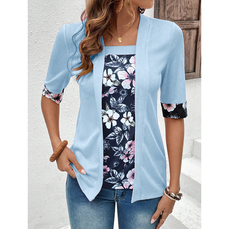 Women's Summer Fake Two-piece Sleeve Printed T-shirt Blouse
