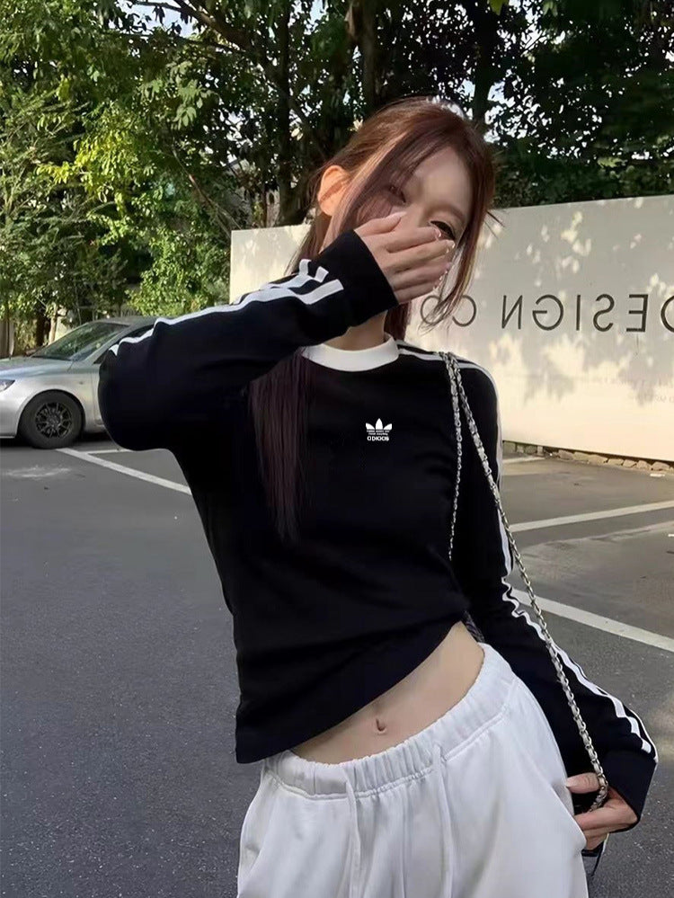 Women's Single Clover Embroidered Crew Neck Shoulder Long Women's T-shirt