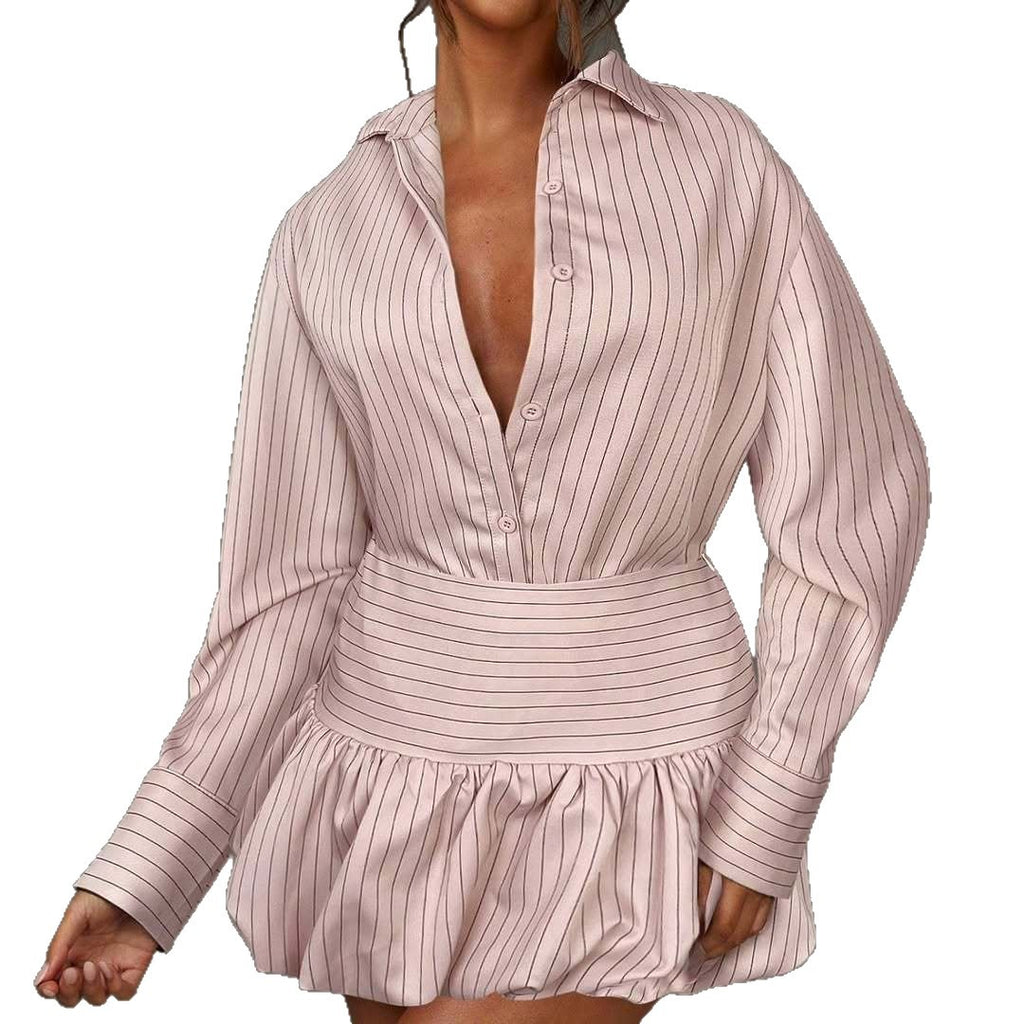 Women's Sweet Fresh Striped Long-sleeved Shirt High Waist Two Skirts