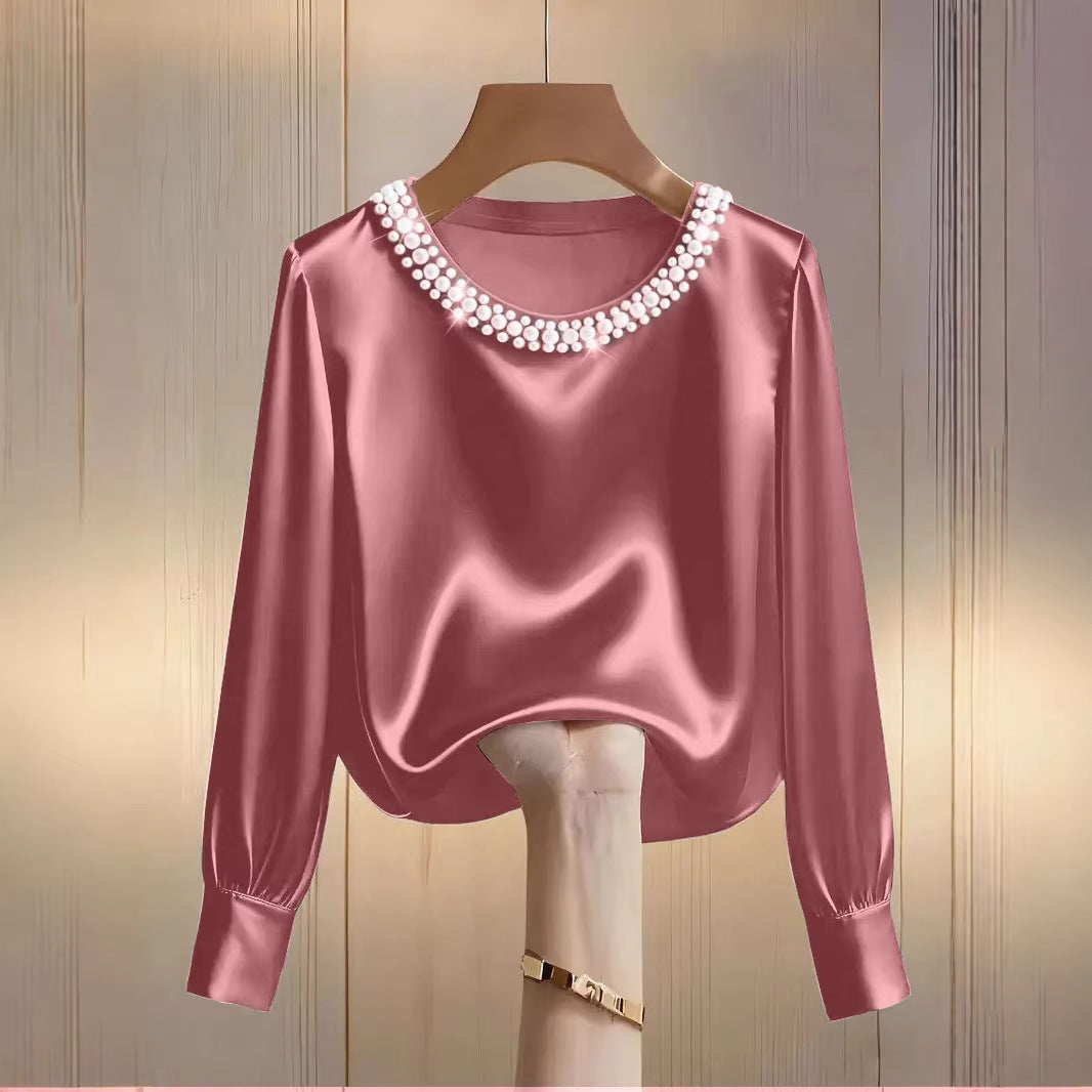 Women's Style High-grade Pearl Round Neck Satin Shirt Tops