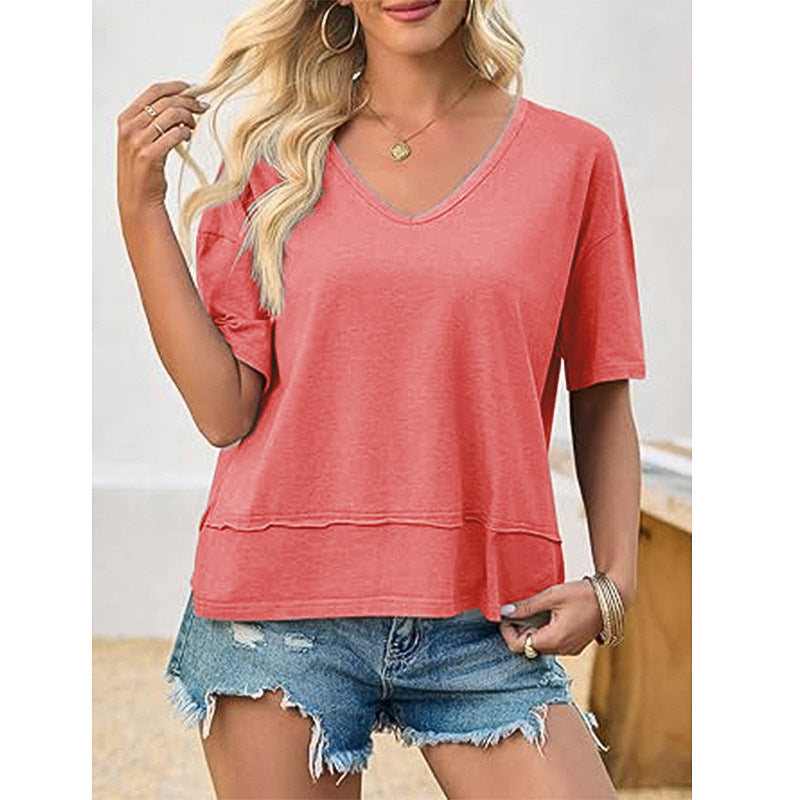 Women's Summer Fashion Wear Solid Color Stitching Women's T-shirt
