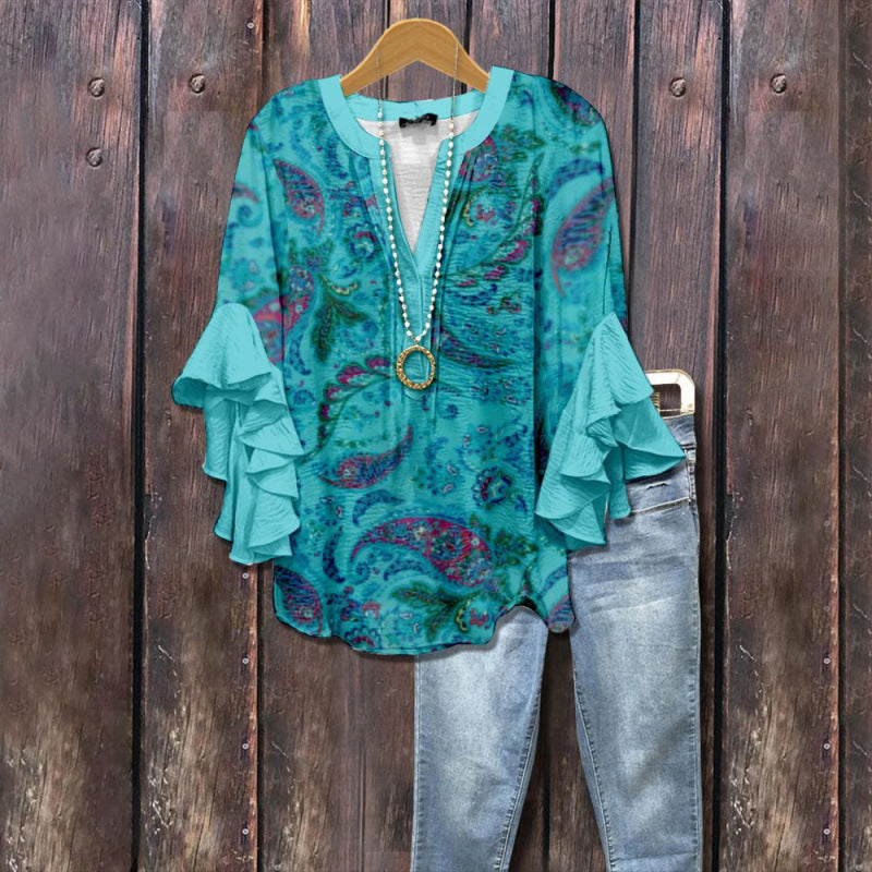 Women's Bubble Wrinkle Floral Element Digital Printing Casual Trend Women's T-shirt