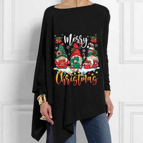 Autumn Irregular Hem Loose Casual Print Batwing Sleeve Bottoming Women's T-shirt