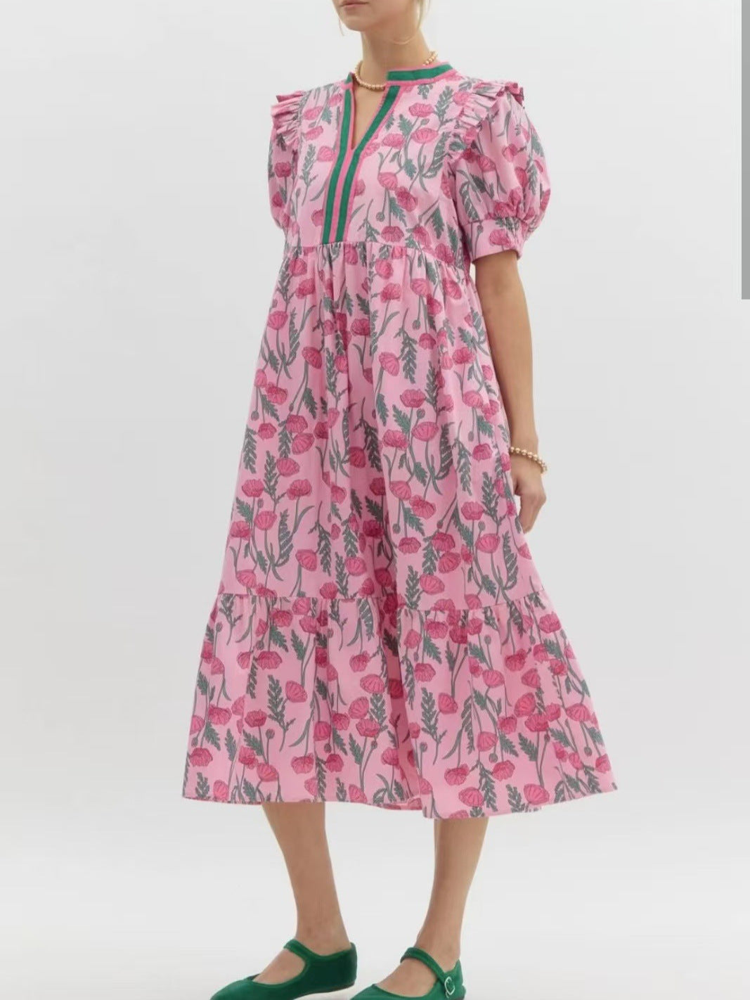 Rose Printed High Waist Puff Sleeve Dress