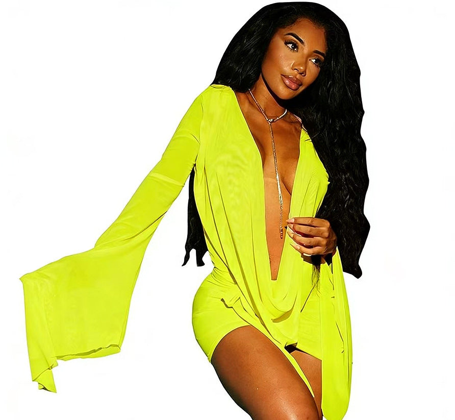 Women's Color Island Vacation Style Deep V Swing Collar Mesh Dress