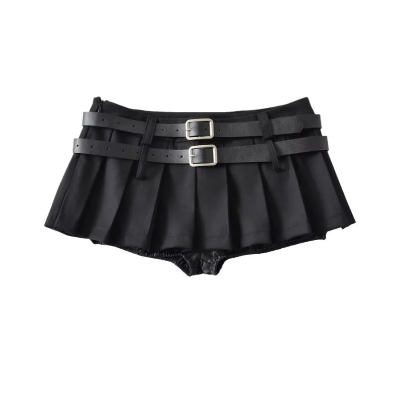 Women's American Niche Double Belt Design Hot Pleated A- Line Skirt