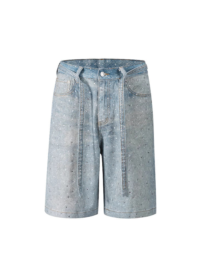 Women's Loose Denim 5-point Full Hot Rhinestone Additional Pants