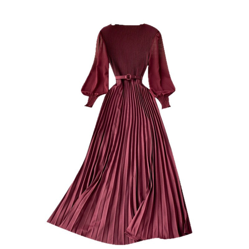 Women's Tight Waist Design Pleated Lightly Mature Dress