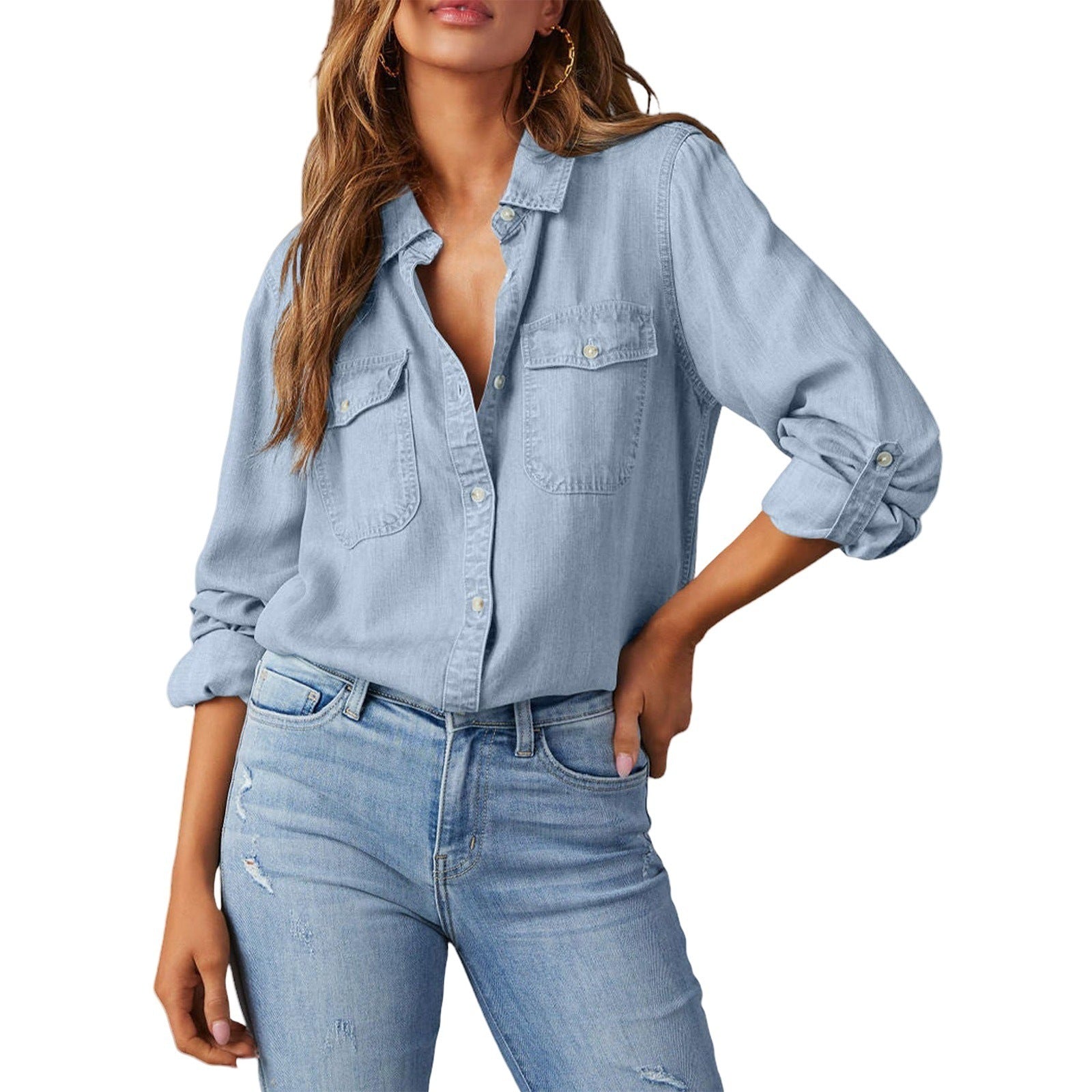 Women's Denim Shirt Autumn Fashion Casual Polo Collar Single-breasted Blouse