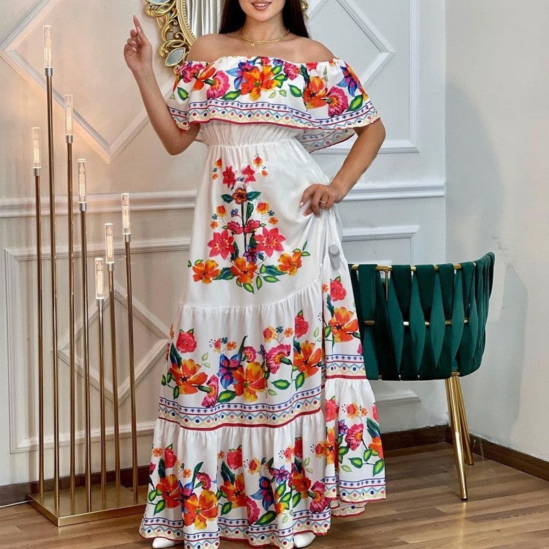 Women's Red Flower Print Long Large Hem Dress