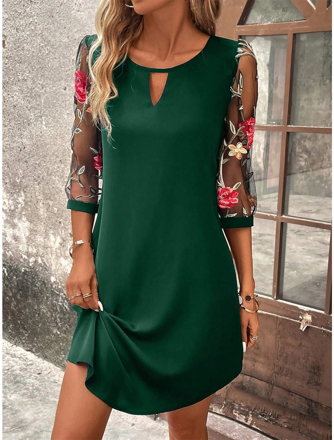 Women's Summer Round Neck Lace Three-quarter Sleeve Dress