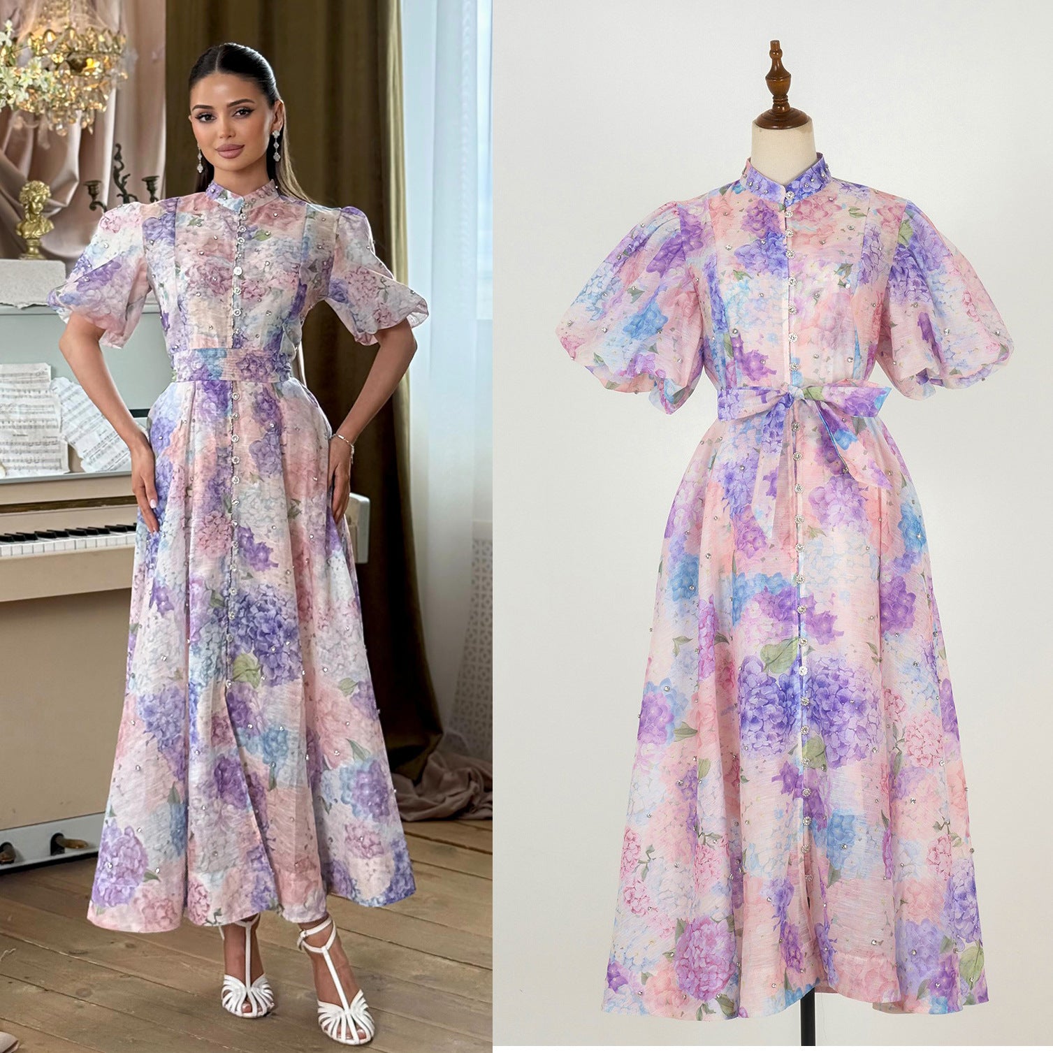 Summer Palace Style High Design Sense Rhinestone Sleeve Single-breasted Long Dress