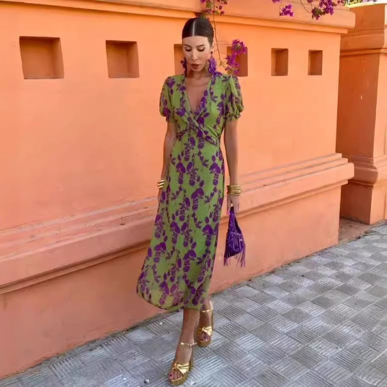 Women's Summer Fashion Pleated Print Long Elegant Slim Dress
