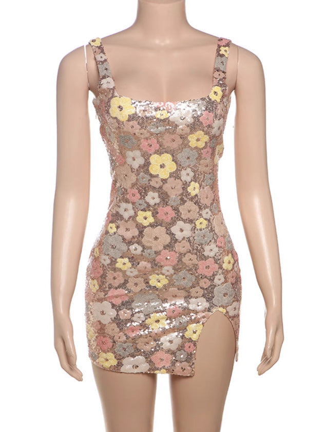 Women's Slim Fit Square Collar Sequined Sheath Dress