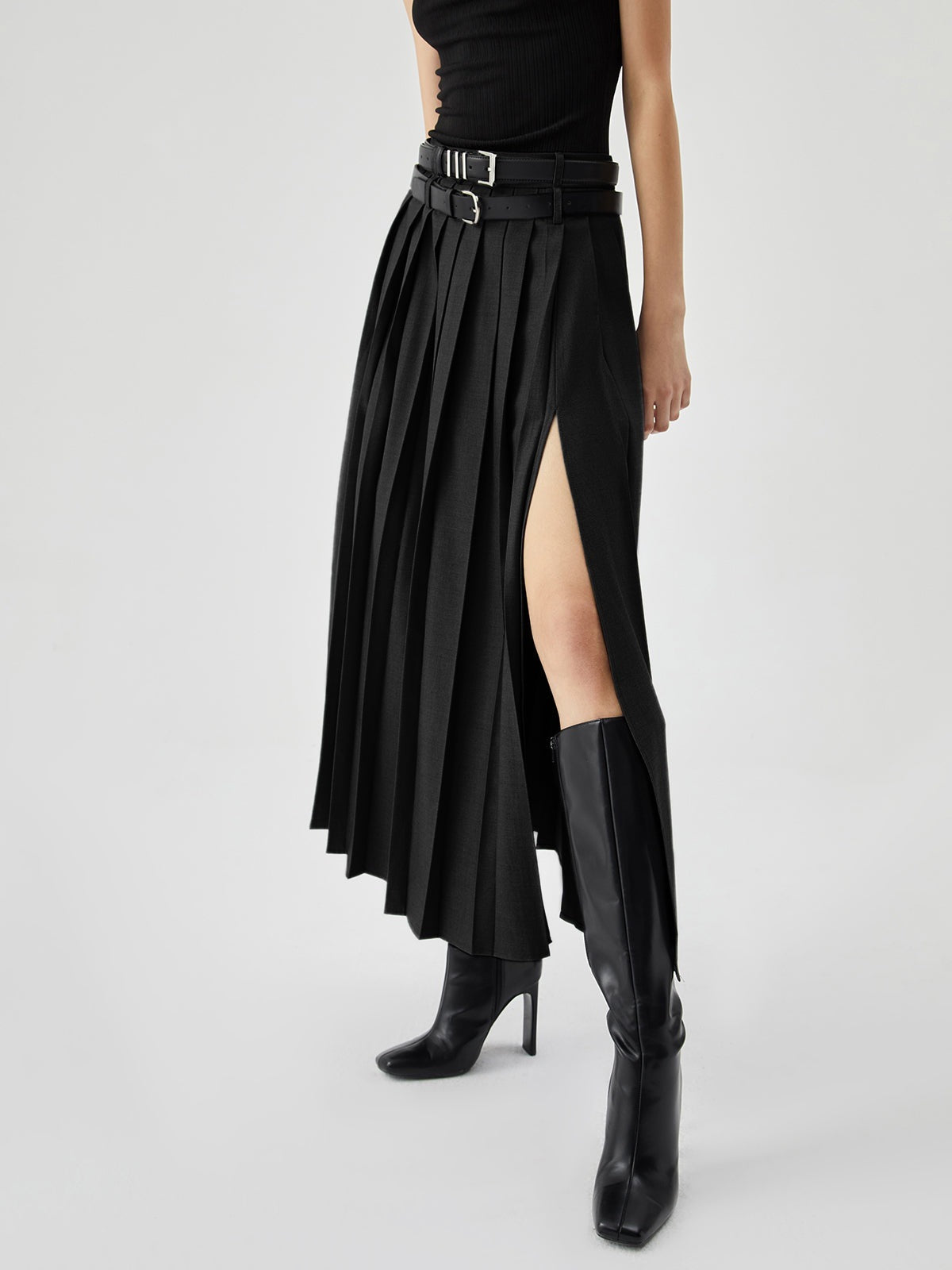 Women's Gray Pleated High Waist Slimming Slit Skirt