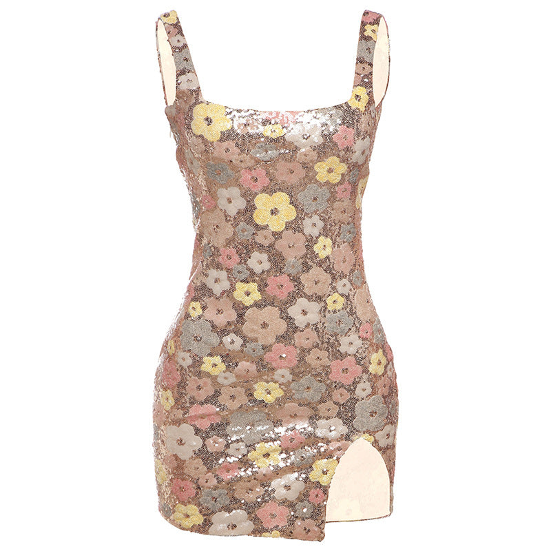 Women's Slim Fit Square Collar Sequined Sheath Dress