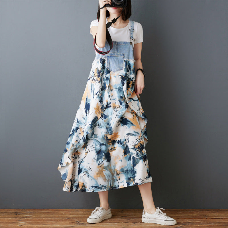 Color Loose Denim Stitching Floral Strap Dress