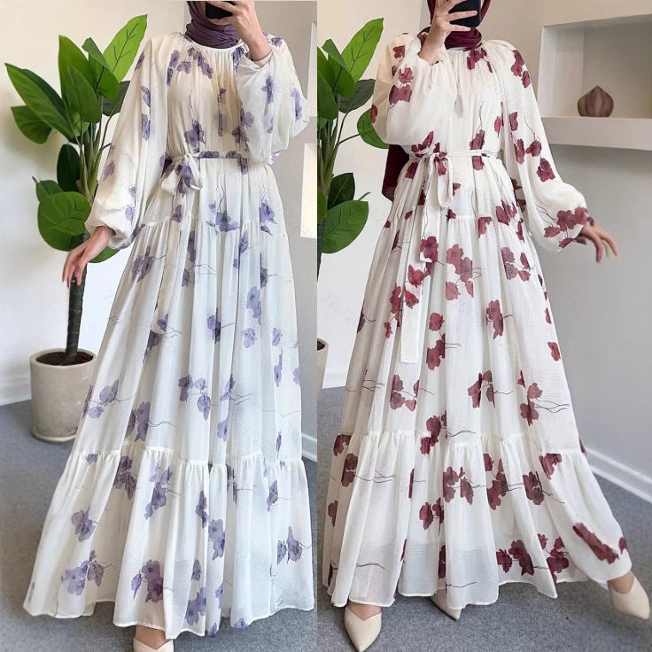 Women's Fashionable Elegant Holiday Round Neck Chiffon Flower With Belt Dress