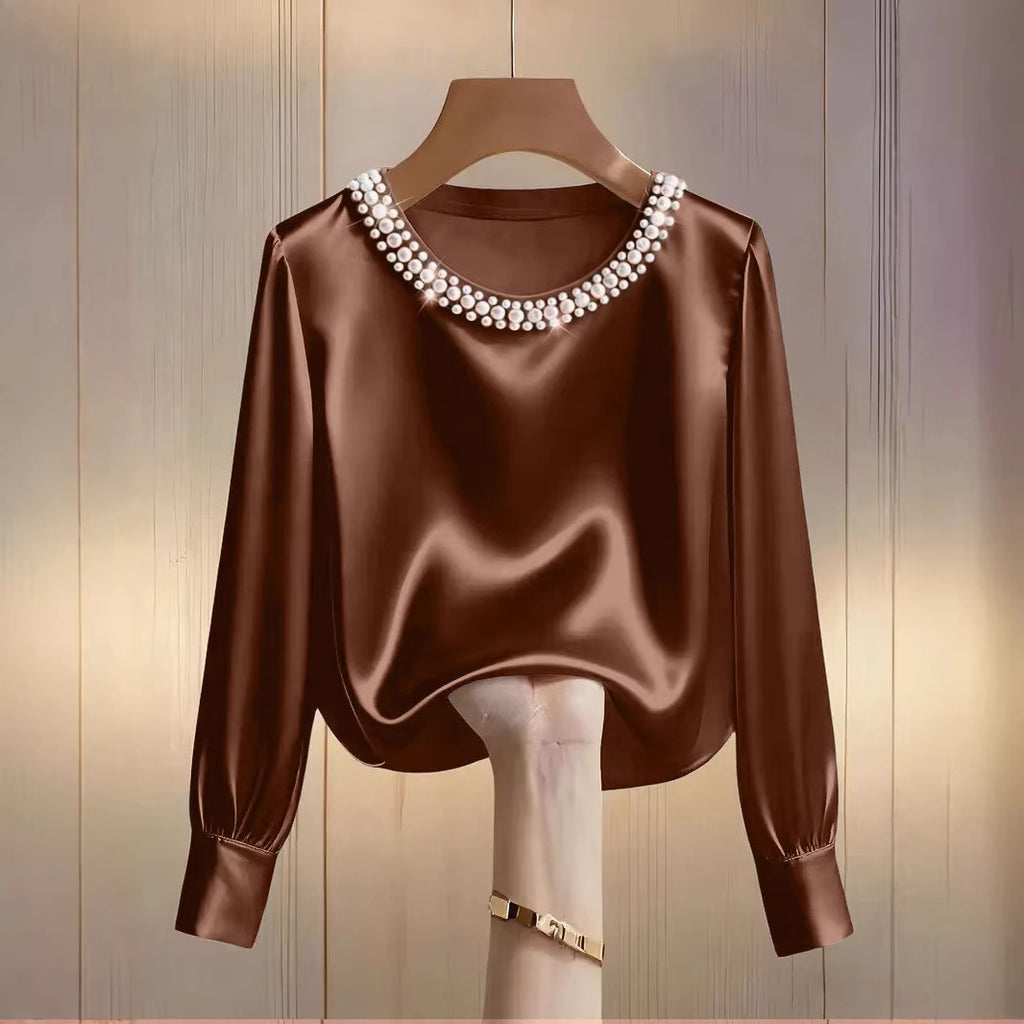 Women's Style High-grade Pearl Round Neck Satin Shirt Tops