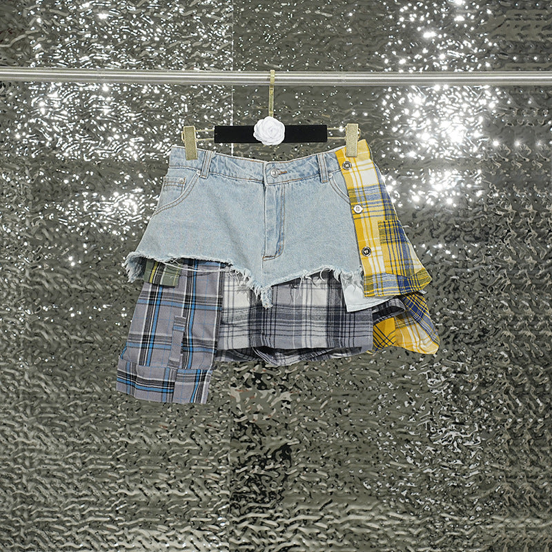 Women's Designer Model Denim Summer Plaid Stitching Skirt