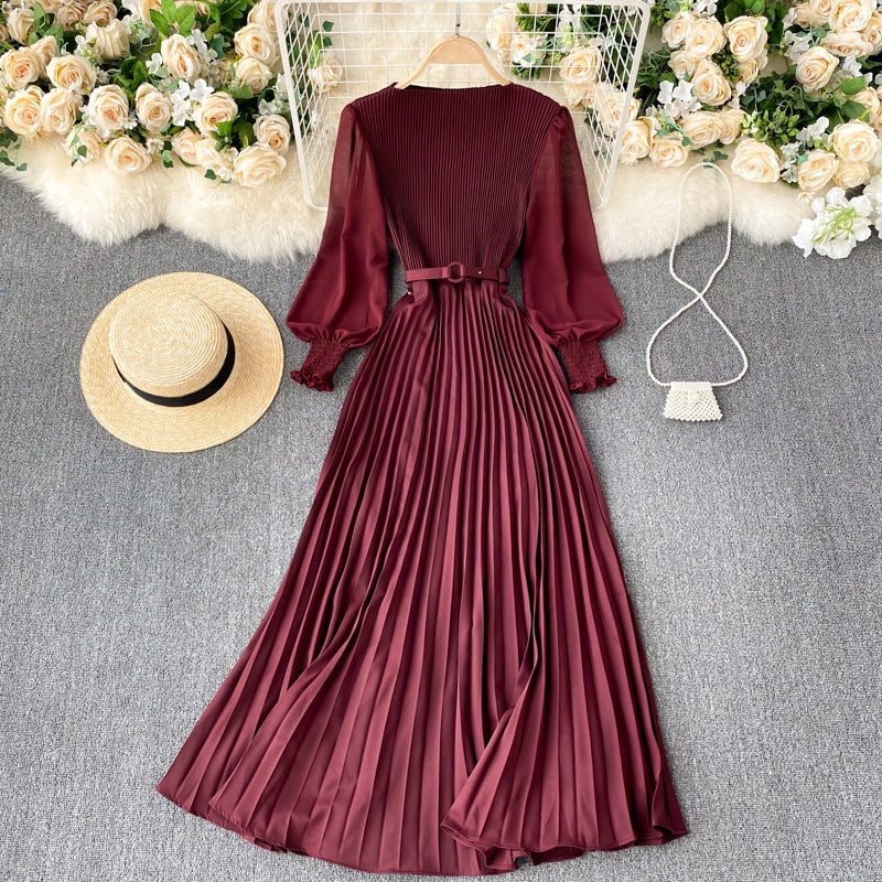 Women's Tight Waist Design Pleated Lightly Mature Dress