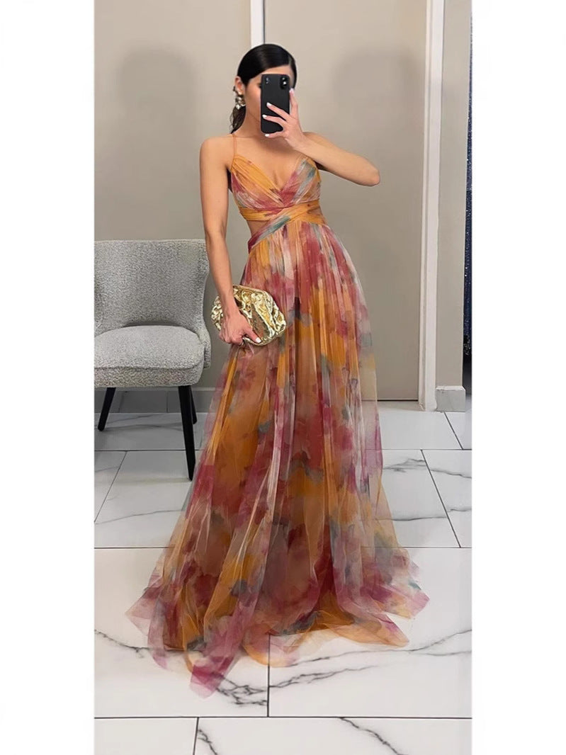 Mesh Printing Slip Vacation Leisure Party Dress