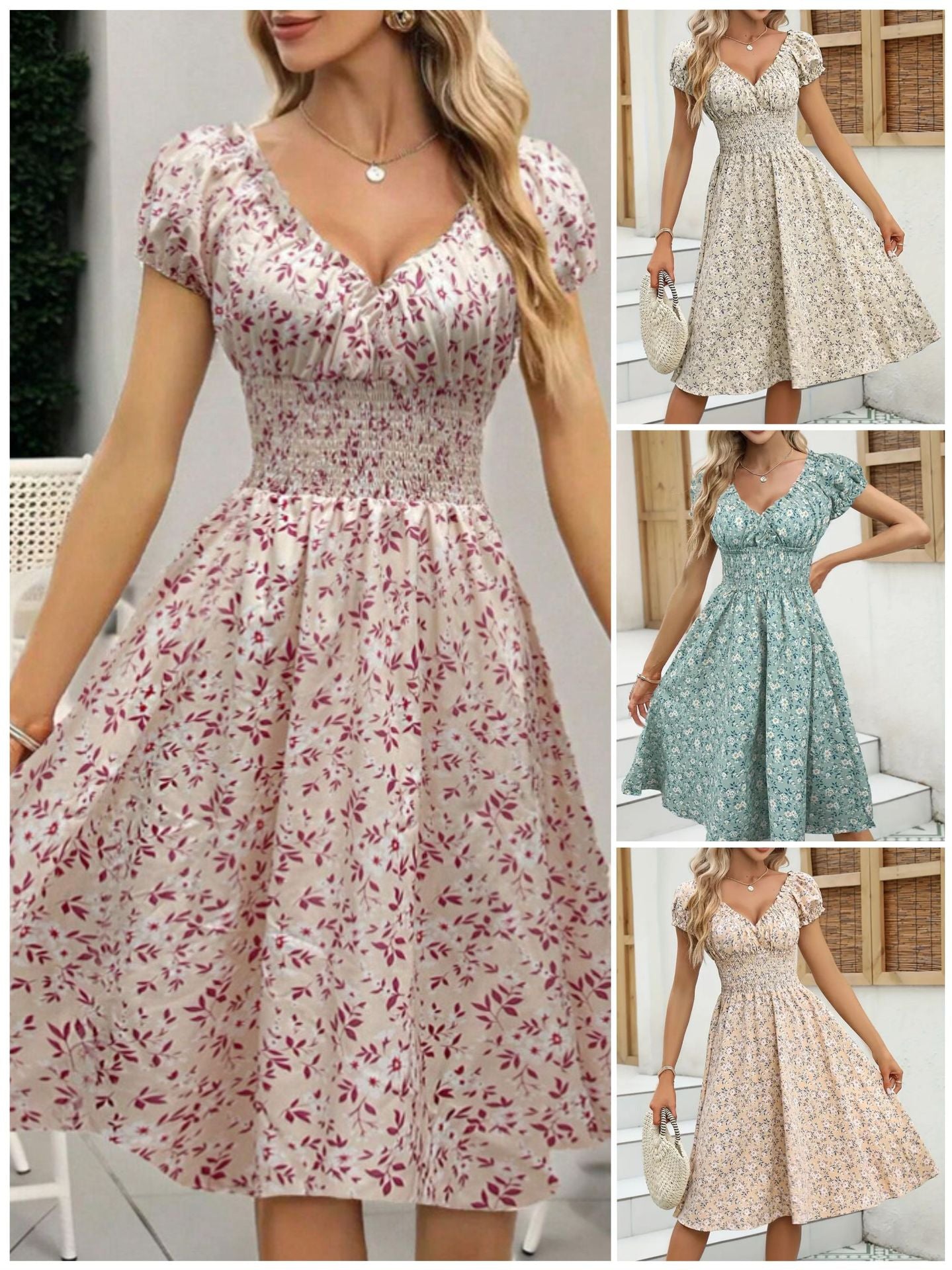 Women's Vintage Floral Puff Sleeve French Dress