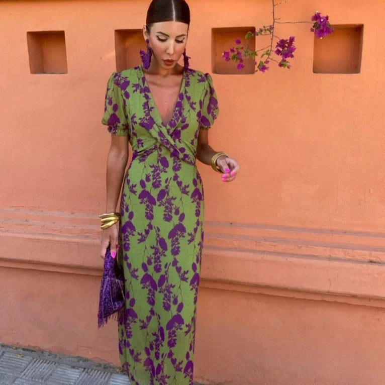 Women's Summer Fashion Pleated Print Long Elegant Slim Dress