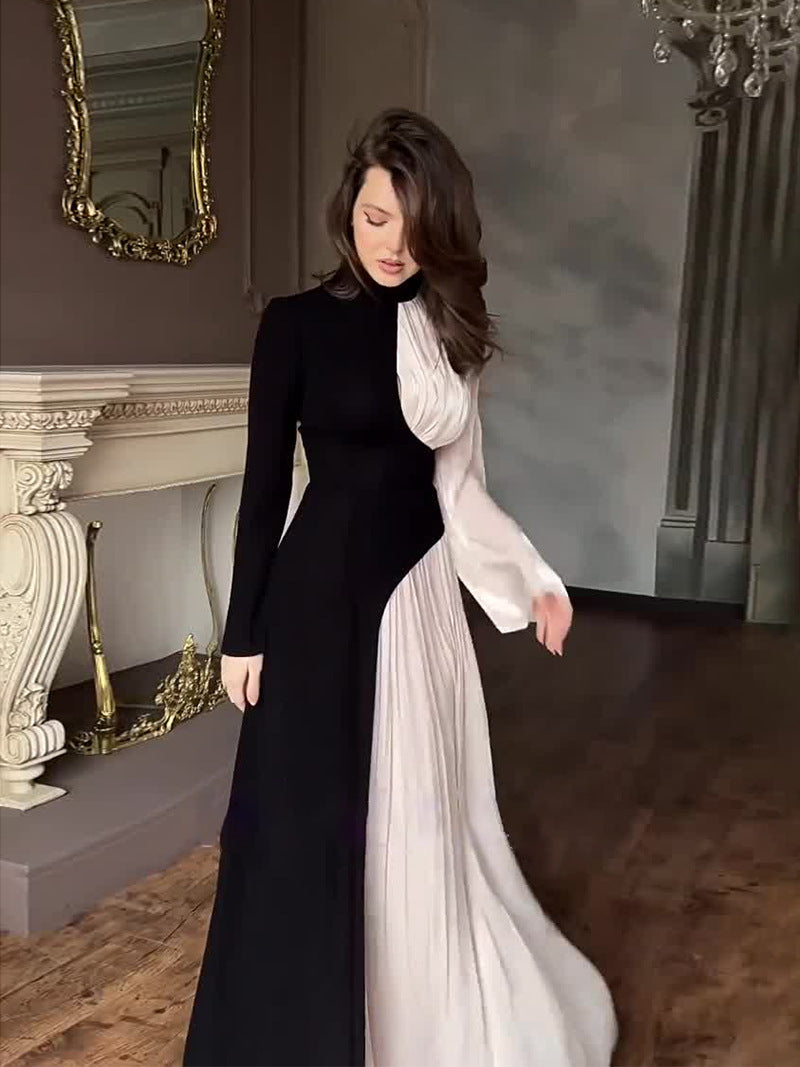 Women's Irregular Color Contrast Patchwork High Waist Pleated Slingback Long Dress
