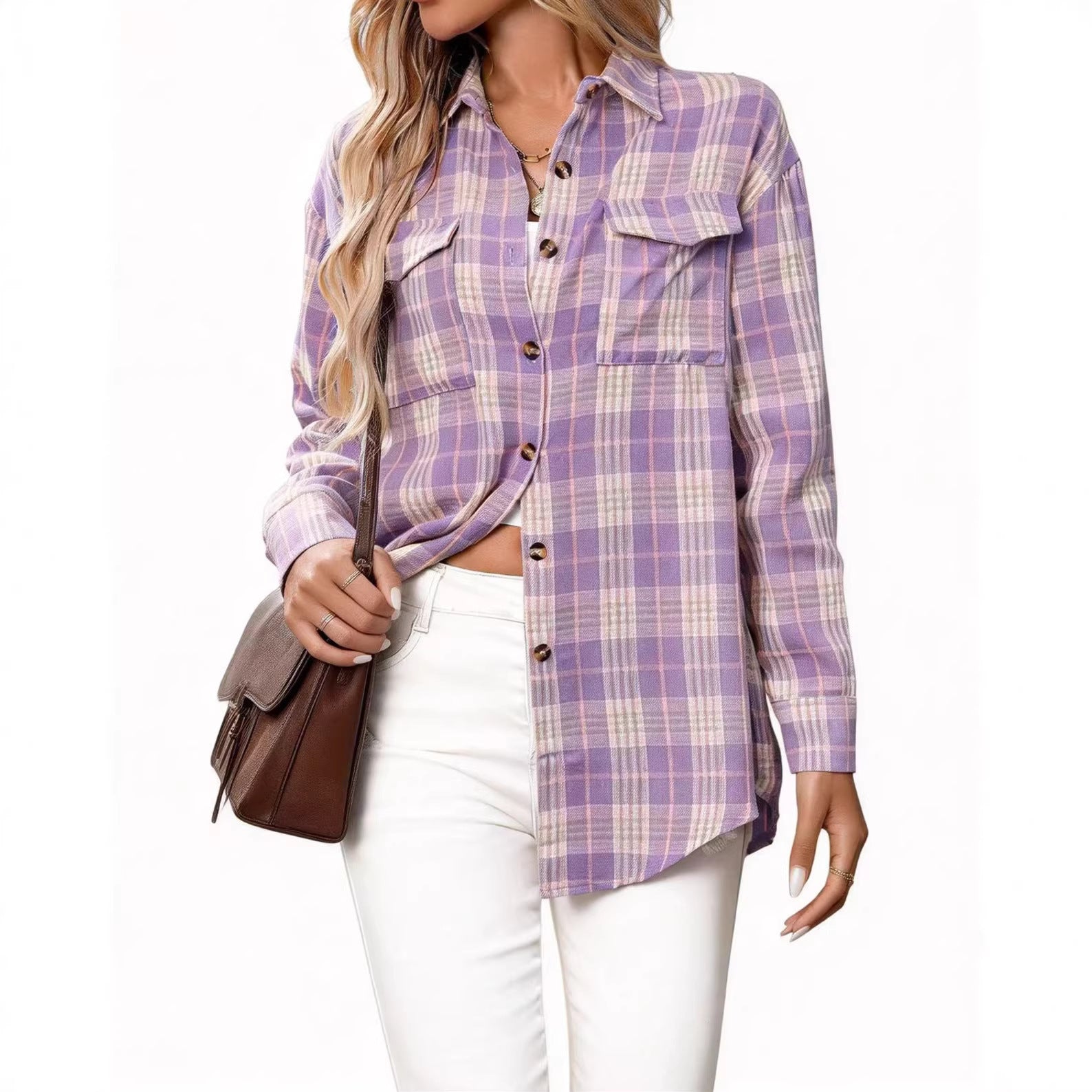 Women's Casual Fashion Loose Plaid Pocket Shirt Blouse