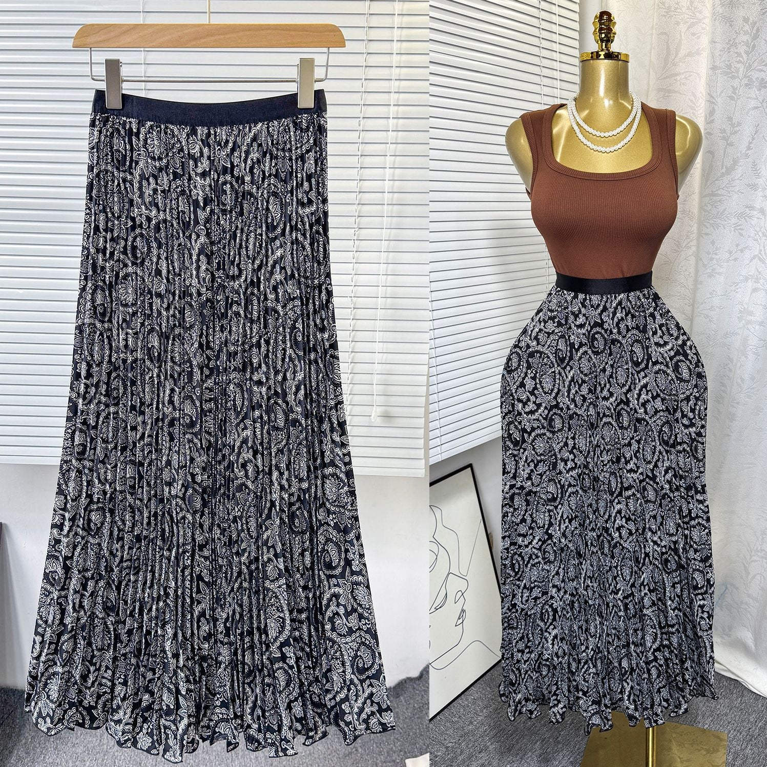 Women's Retro Printed High Waist A- Line Mid-length Pleated Large Hem Skirt