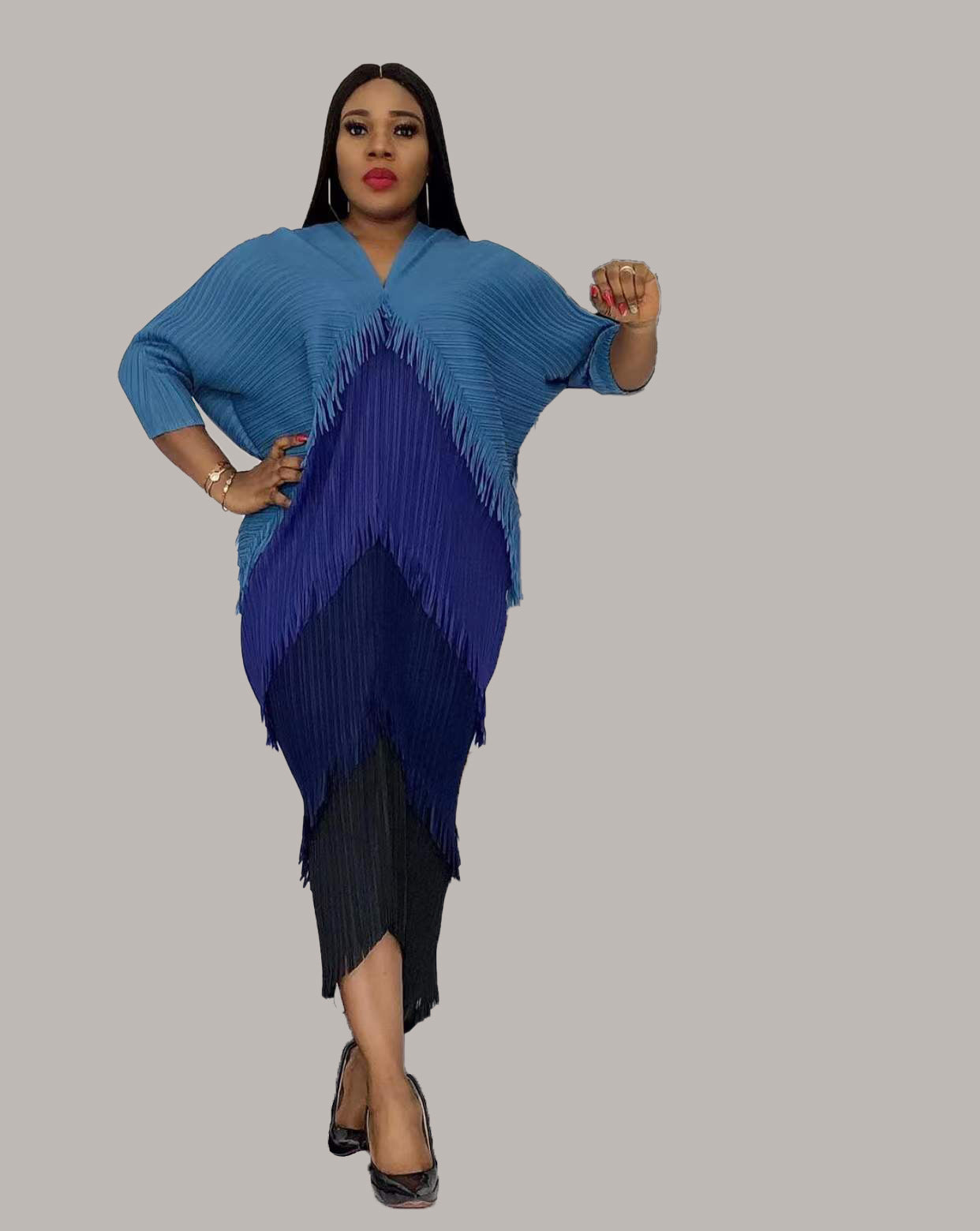 Unique Pleated Color Matching Tassel Bottoming Dress