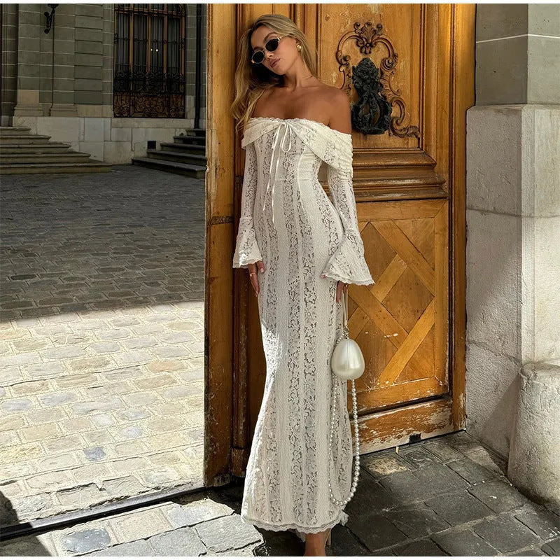 Fashion Sexy Lace Long Bell Sleeve Dress