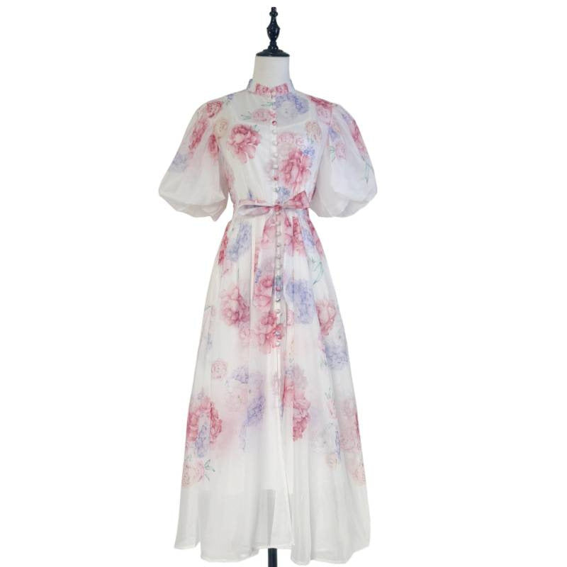 Women's Sleeve Fashion Printed Single-breasted Summer Long Dress