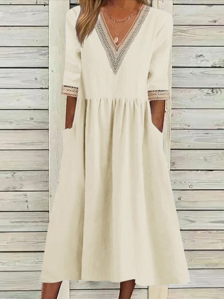 Women's Loose Cotton Linen Lace Collar Half Dress