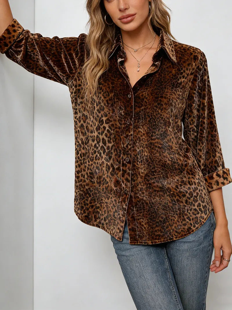 Women's Leopard Print Long Sleeve Casual Elegant Loose Printed Blouse