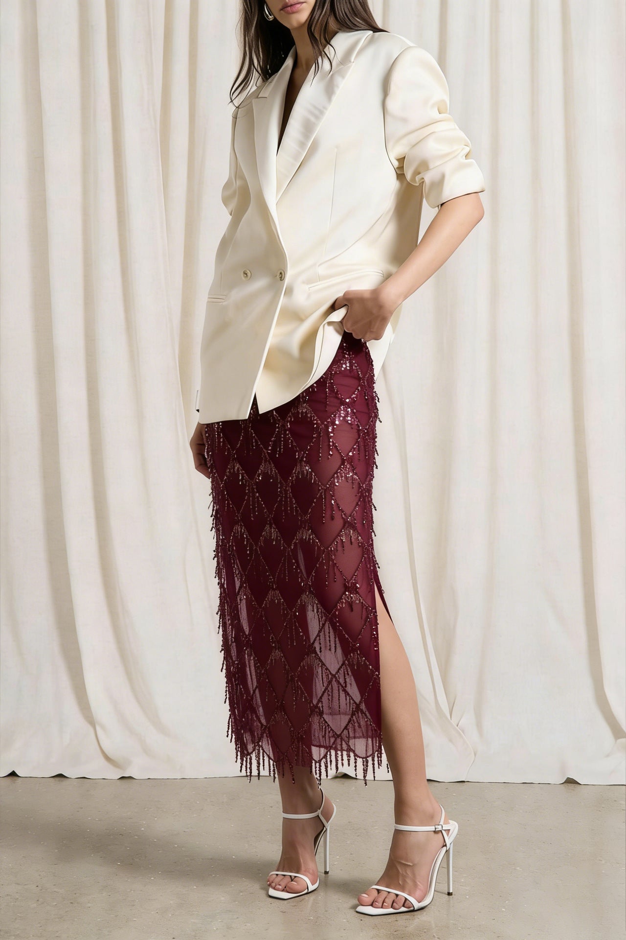 Women's Red Paillette Slit Midi Sheath Sexy Skirt