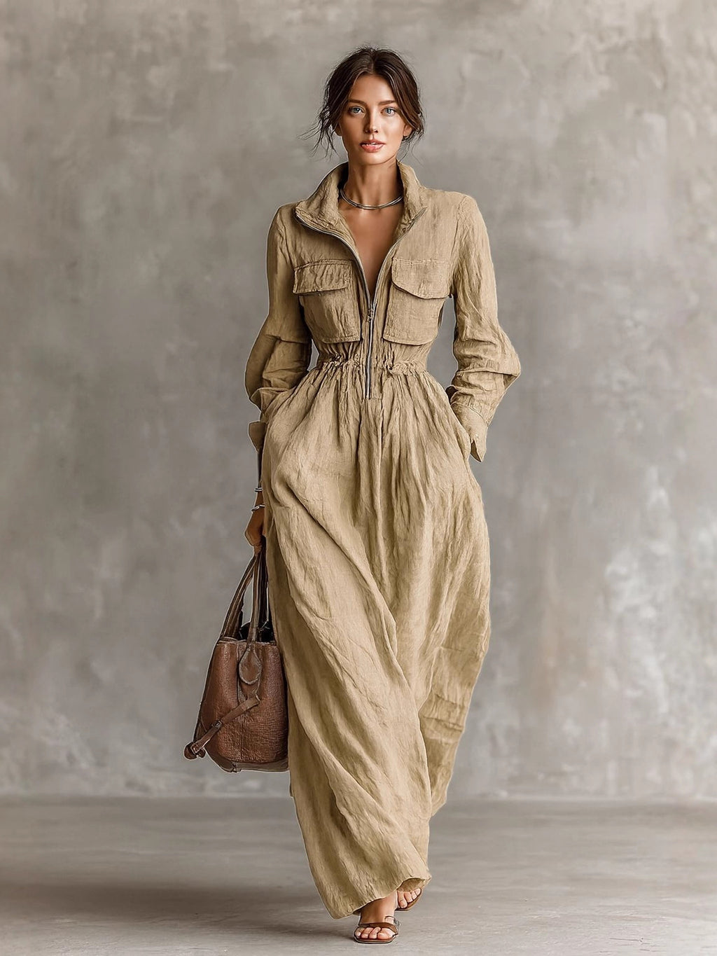 Women's Style Zipper Lapel Elastic Waist Long Vacation Dress