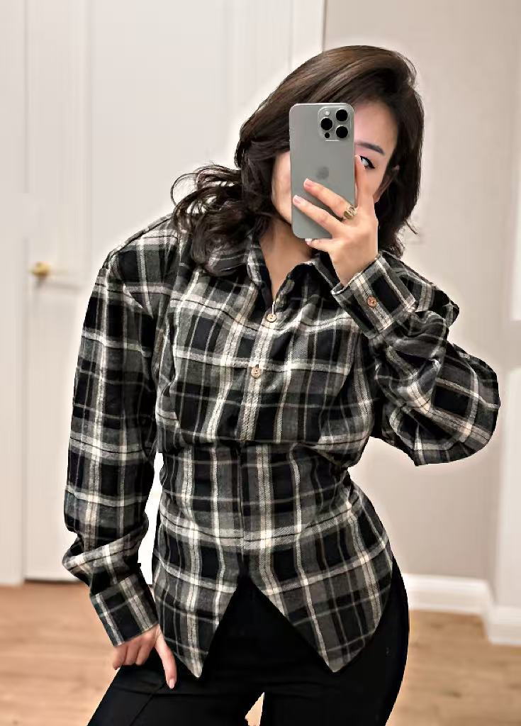 Retro Plaid Design Long Sleeve Shirt Waist Tops