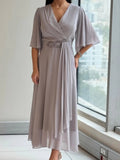 Women's Pleated Fashionable Solid Color Long Gentle Dress