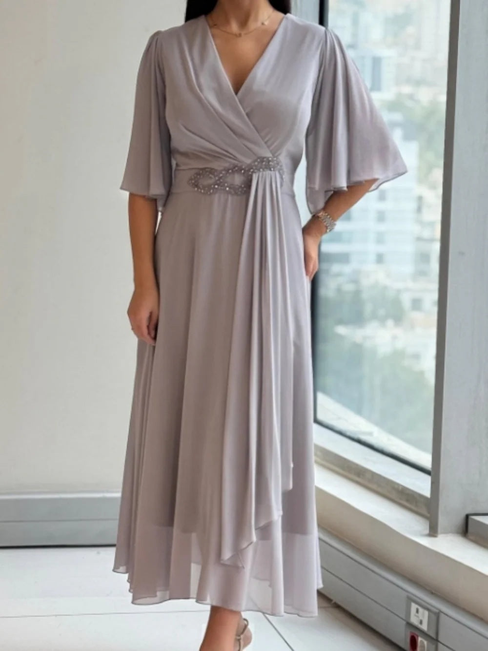 Women's Pleated Fashionable Solid Color Long Gentle Dress