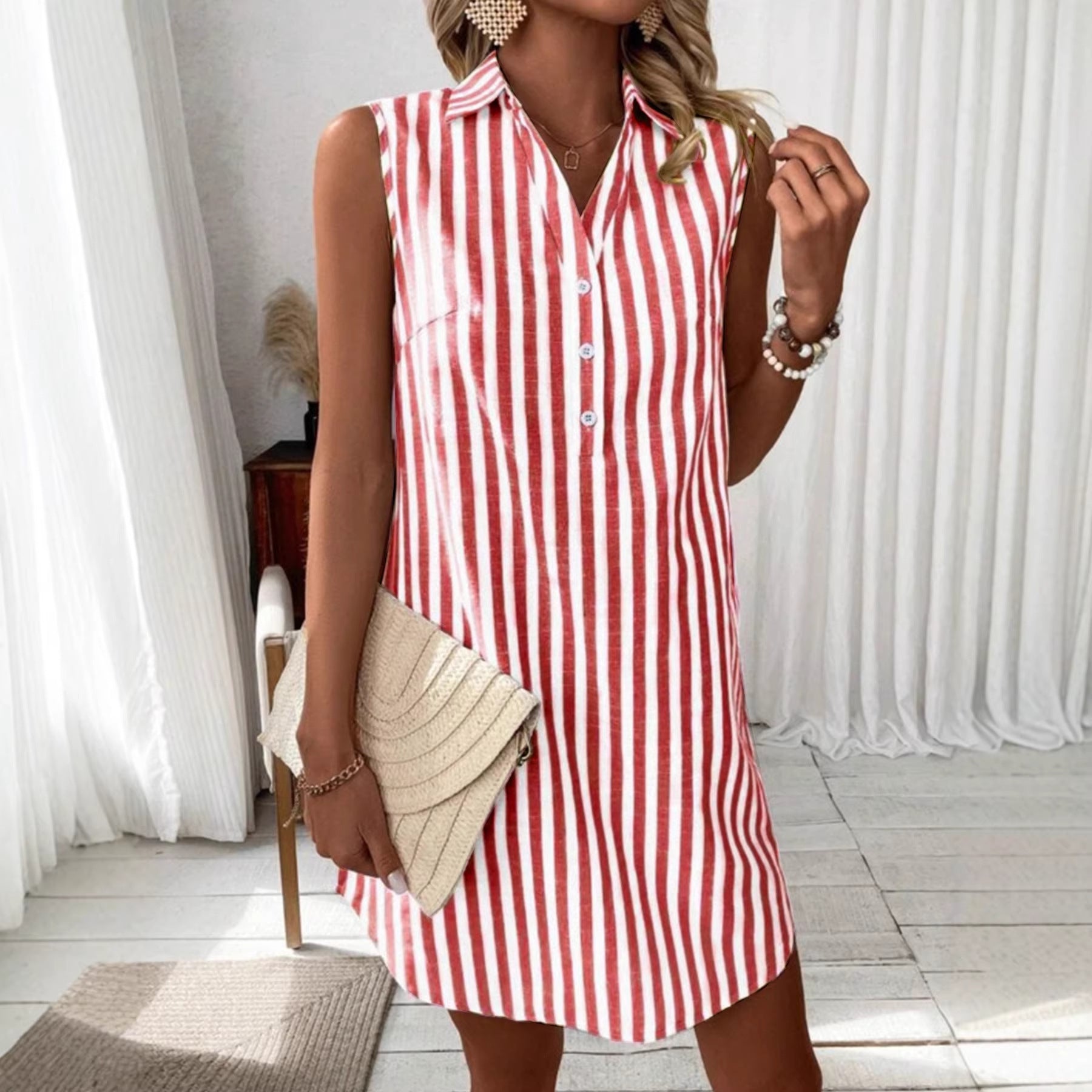 Women's Sleeveless Buttons Striped Shirt Fashion Loose Dress