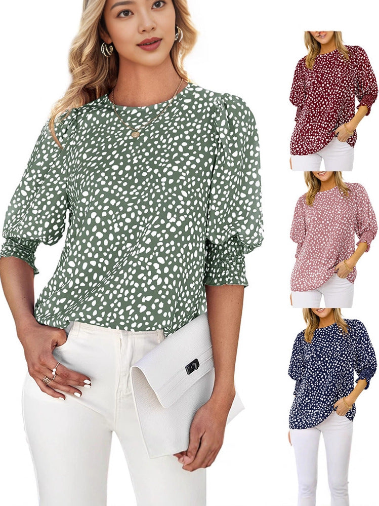 Women's Summer Short-sleeved Round Neck Loose Printed Chiffon Blouse