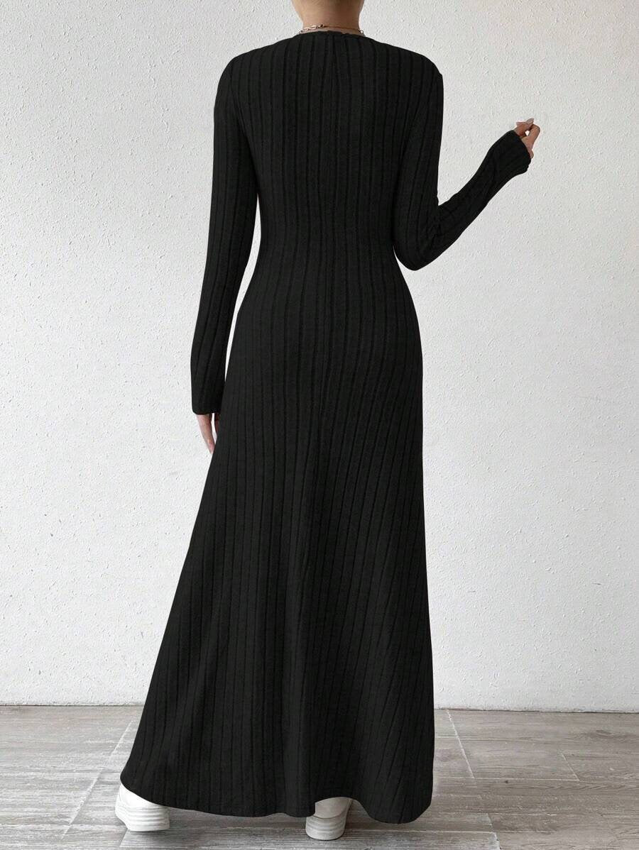 Women's Slim Fit Fashion Wear Knitted Solid Color Long Sleeve A- Dress