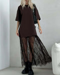 Women's Mesh Stitching Short-sleeved Dress For Summer Elegant Slimming Coffee Color Women's T-shirt