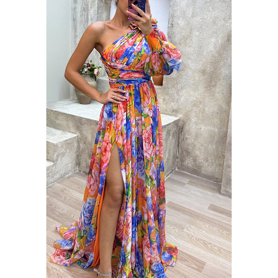 Party Casual Slit Loose Multicolor Sloping Dress