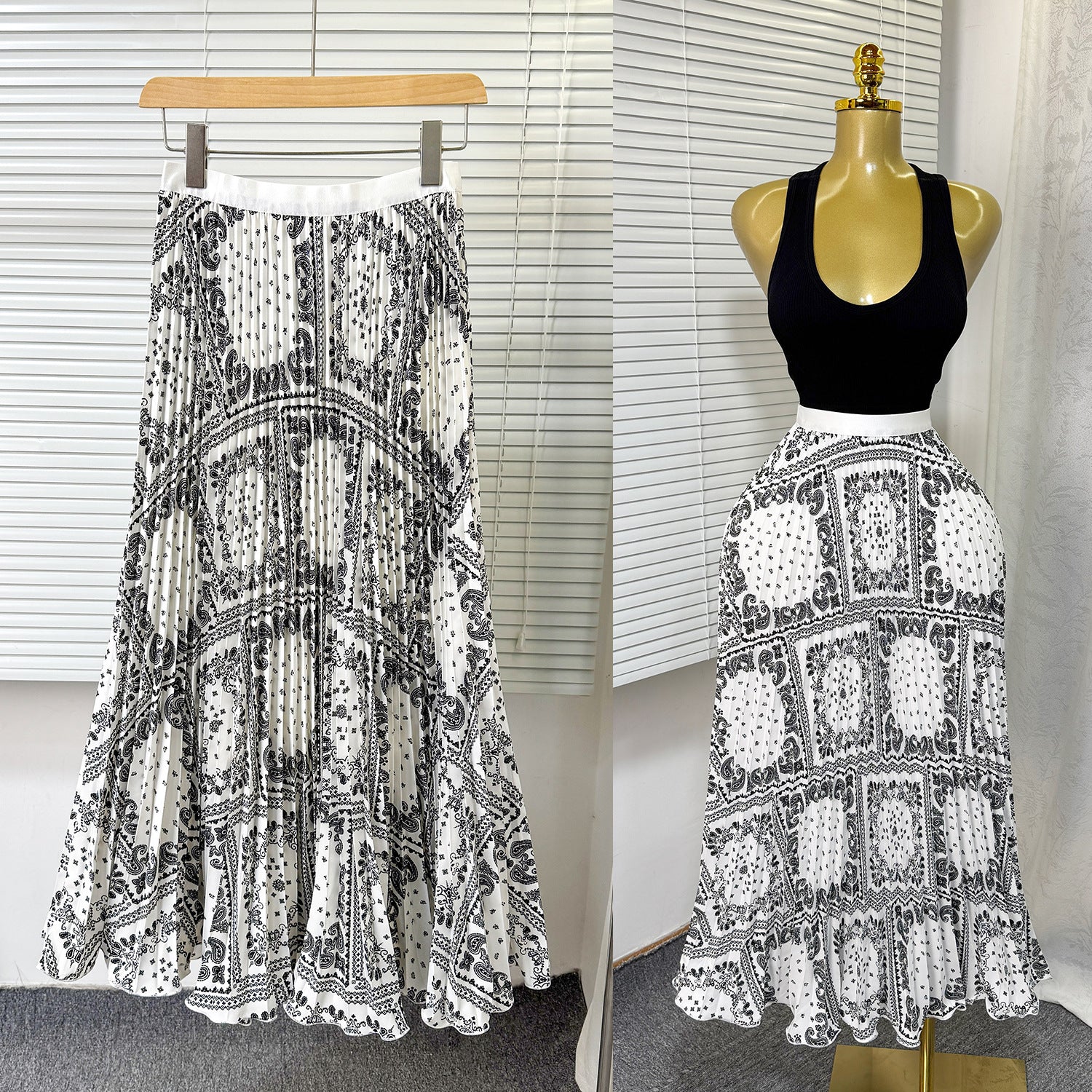 Women's Retro Printed High Waist A- Line Mid-length Pleated Large Hem Skirt