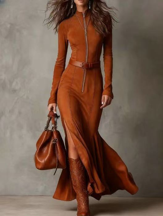 High Quality Suede Autumn Fashion Elegant Graceful Zipped Stand Collar Dress
