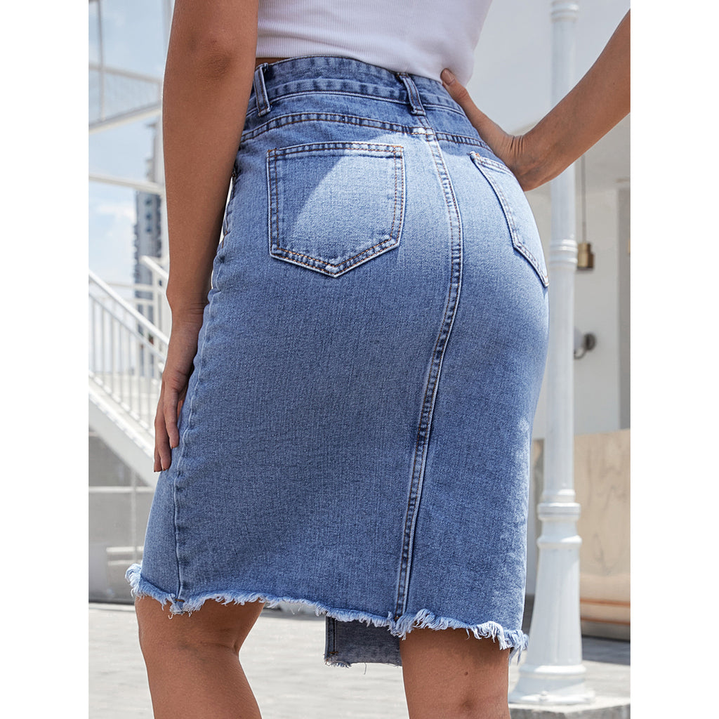 Women's High Waist Mid-length Sheath Split Denim Skirt