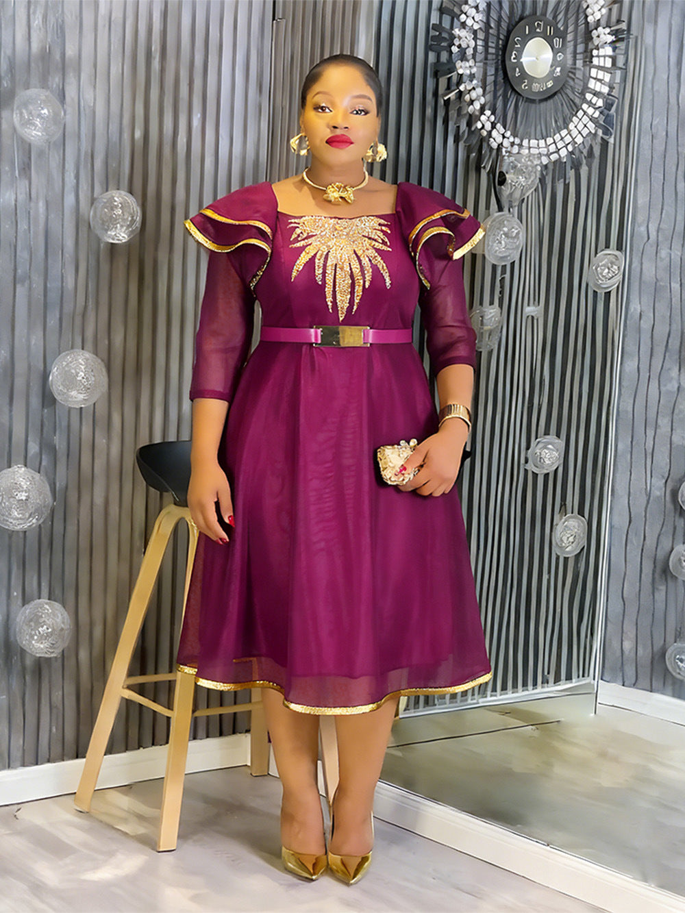 Women's African Solid Color Temperament Elegant A- Line With Dress